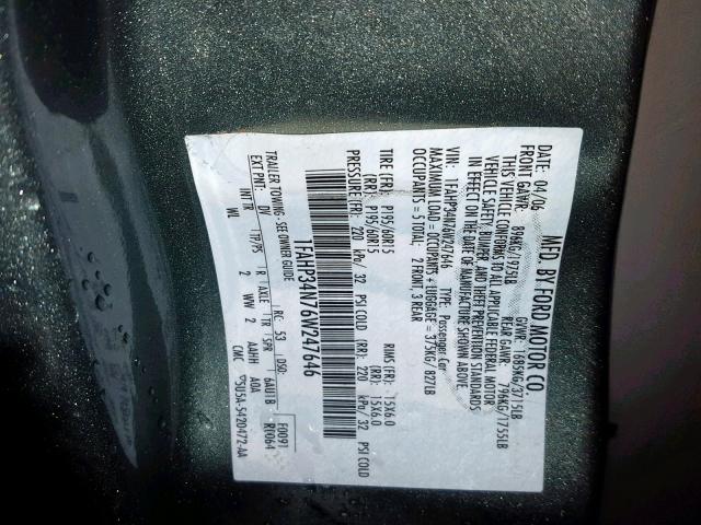 1FAHP34N76W247646 - 2006 FORD FOCUS ZX4 GRAY photo 10