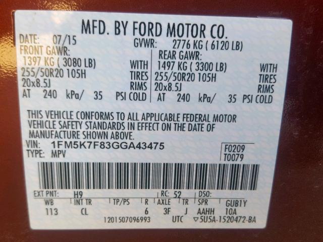 1FM5K7F83GGA43475 - 2016 FORD EXPLORER L BURGUNDY photo 10