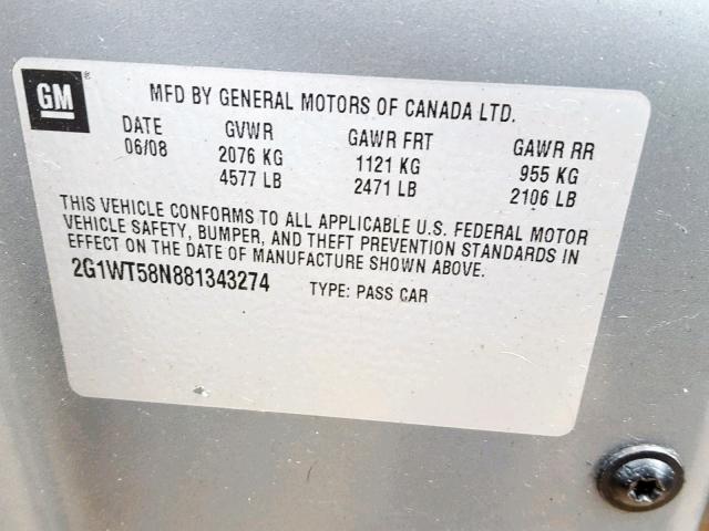 2G1WT58N881343274 - 2008 CHEVROLET IMPALA LT GRAY photo 10