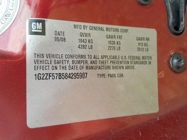 1G2ZF57B584295907 - 2008 PONTIAC G6 VALUE L RED photo 10