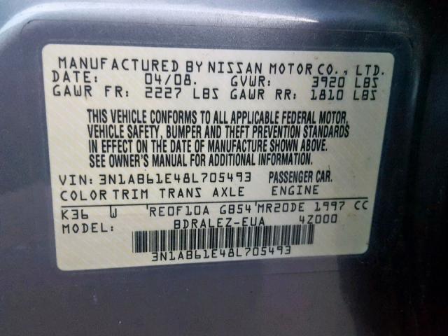 3N1AB61E48L705493 - 2008 NISSAN SENTRA 2.0 GRAY photo 10