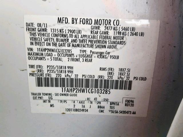 1FAHP2HW1CG103285 - 2012 FORD TAURUS SEL WHITE photo 10