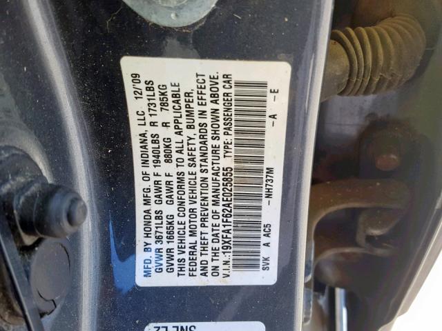 19XFA1F62AE025855 - 2010 HONDA CIVIC GRAY photo 10