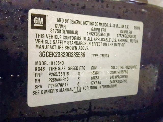 3GCEK23329G285536 - 2009 CHEVROLET SILVERADO BLUE photo 10