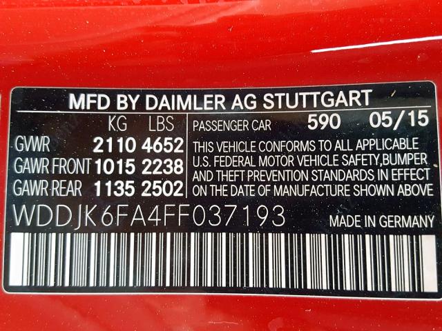 WDDJK6FA4FF037193 - 2015 MERCEDES-BENZ SL 400 RED photo 10