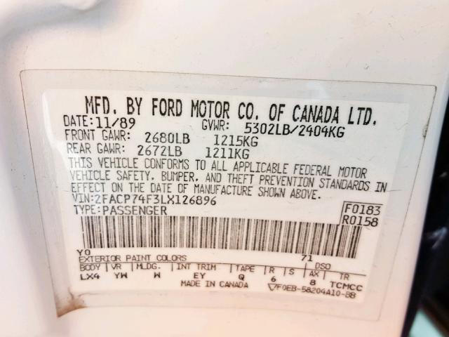 2FACP74F3LX126896 - 1990 FORD CROWN VICT WHITE photo 10