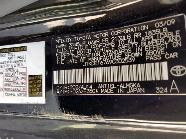 JTKDE167690302539 - 2009 TOYOTA SCION TC შავი ფოტო 10