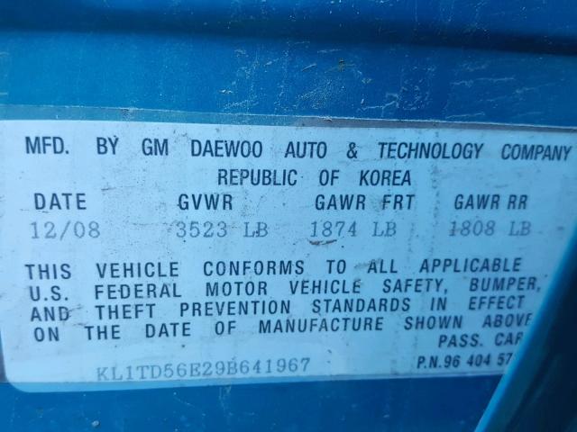 KL1TD56E29B641967 - 2009 CHEVROLET AVEO LS BLUE photo 10