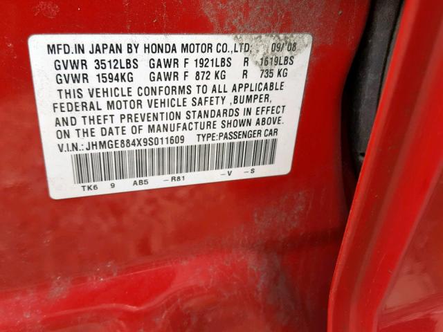 JHMGE884X9S011609 - 2009 HONDA FIT SPORT RED photo 10