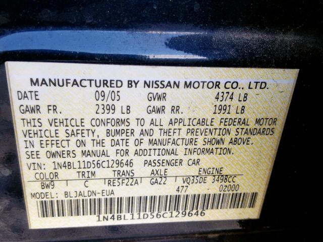 1N4BL11D56C129646 - 2006 NISSAN ALTIMA SE BLUE photo 10