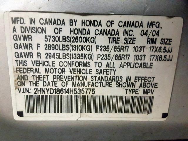 2HNYD18614H535775 - 2004 ACURA MDX TOURIN SILVER photo 10