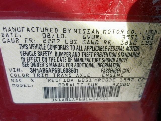 3N1AB6AP6BL608501 - 2011 NISSAN SENTRA 2.0 RED photo 10