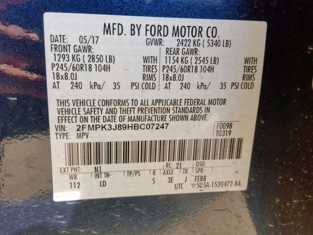 2FMPK3J89HBC07247 - 2017 FORD EDGE SEL BLUE photo 10