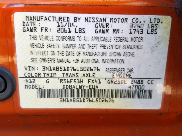 3N1AB51D76L502676 - 2006 NISSAN SENTRA SE- ORANGE photo 10