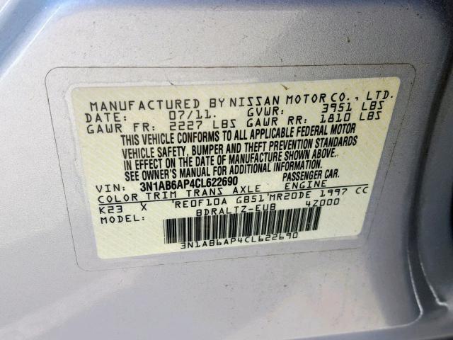 3N1AB6AP4CL622690 - 2012 NISSAN SENTRA 2.0 SILVER photo 10