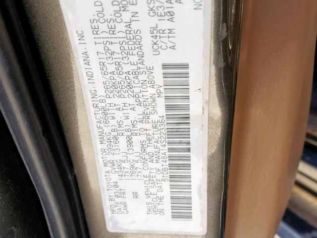 5TDBT48A14S223364 - 2004 TOYOTA SEQUOIA LI GRAY photo 10