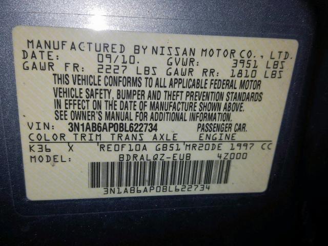 3N1AB6AP0BL622734 - 2011 NISSAN SENTRA 2.0 GRAY photo 10