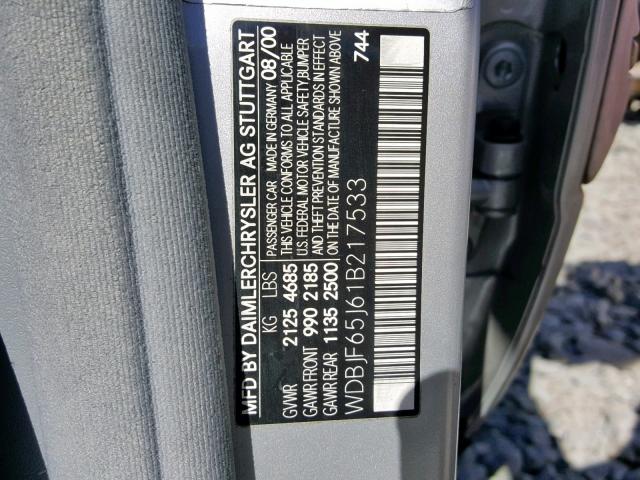 WDBJF65J61B217533 - 2001 MERCEDES-BENZ E 320 SILVER photo 10