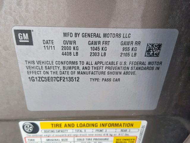 1G1ZC5E07CF213512 - 2012 CHEVROLET MALIBU 1LT 棕色 照片 10