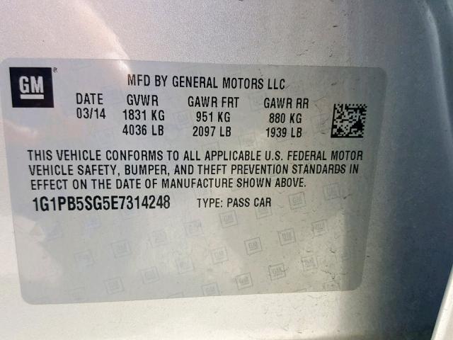 1G1PB5SG5E7314248 - 2014 CHEVROLET CRUZE LS SILVER photo 10