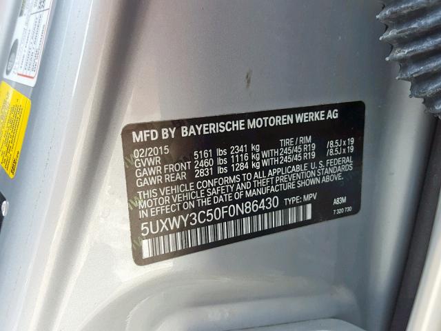 5UXWY3C50F0N86430 - 2015 BMW X3 XDRIVE2 SILVER photo 10