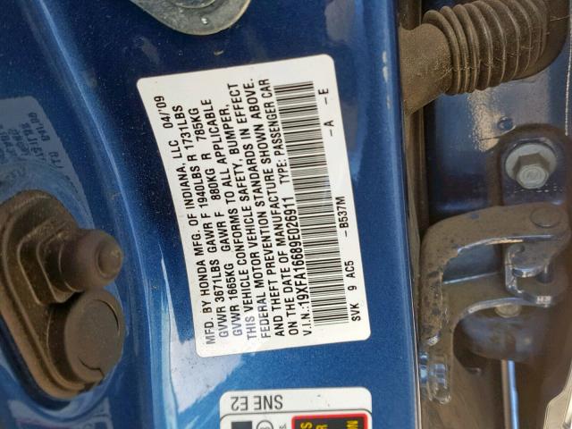 19XFA16689E026911 - 2009 HONDA CIVIC LX-S BLUE photo 10