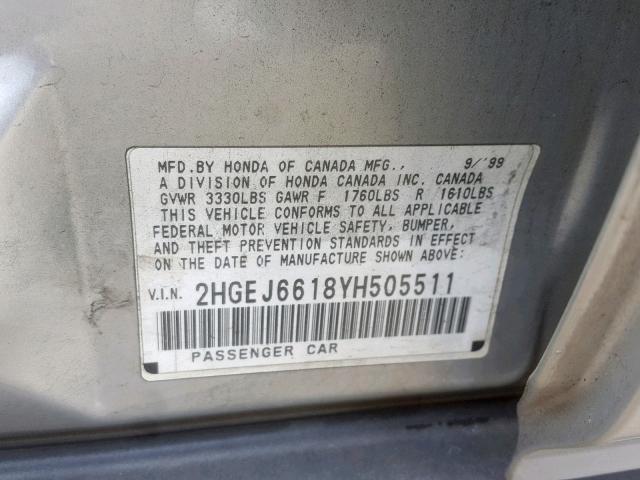 2HGEJ6618YH505511 - 2000 HONDA CIVIC BASE Gümüş foto 10