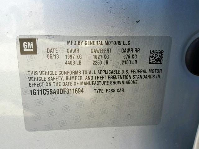 1G11C5SA9DF311694 - 2013 CHEVROLET MALIBU 1LT 银色 照片 10