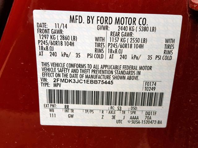 2FMDK3JC1EBB75445 - 2014 FORD EDGE SEL MAROON photo 10