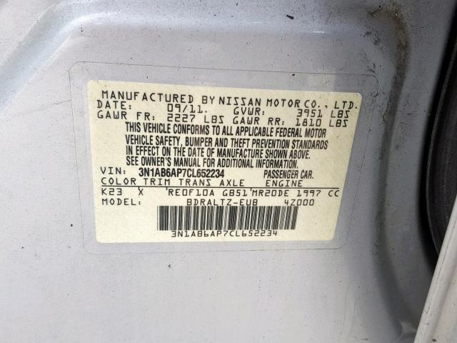 3N1AB6AP7CL652234 - 2012 NISSAN SENTRA 2.0 SILVER photo 10