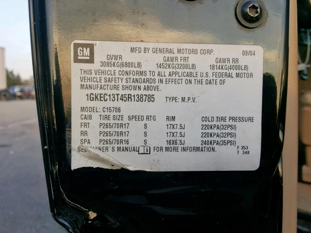 1GKEC13T45R138785 - 2005 GMC YUKON BLACK photo 10