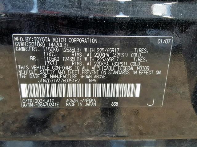 JTMZD31V376035162 - 2007 TOYOTA RAV4 LIMIT BLACK photo 10