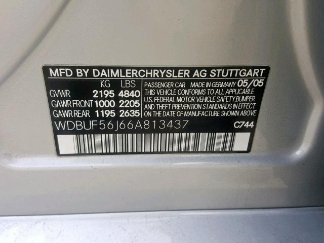 WDBUF56J66A813437 - 2006 MERCEDES-BENZ E 350 SILVER photo 10