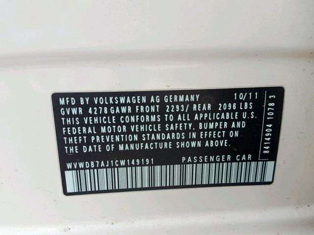 WVWDB7AJ1CW149191 - 2012 VOLKSWAGEN GOLF 白色 照片 10