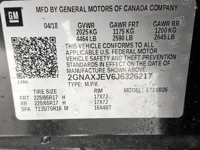 2GNAXJEV6J6326217 - 2018 CHEVROLET EQUINOX LT Gri fotoğraf 10