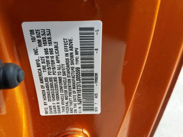 5J6YH18737L005599 - 2007 HONDA ELEMENT EX ORANGE photo 10