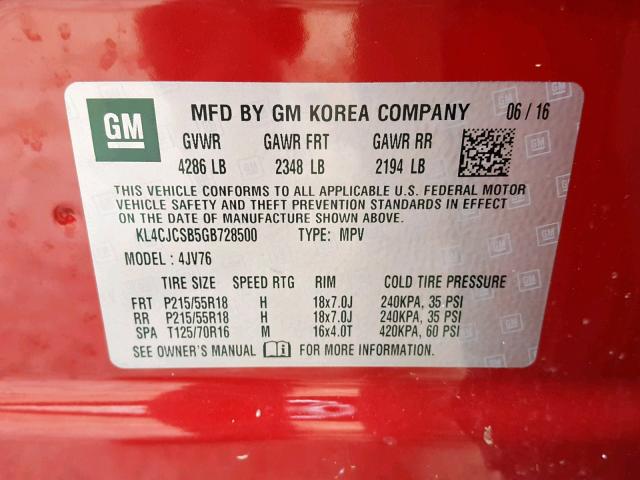 KL4CJCSB5GB728500 - 2016 BUICK ENCORE RED photo 10