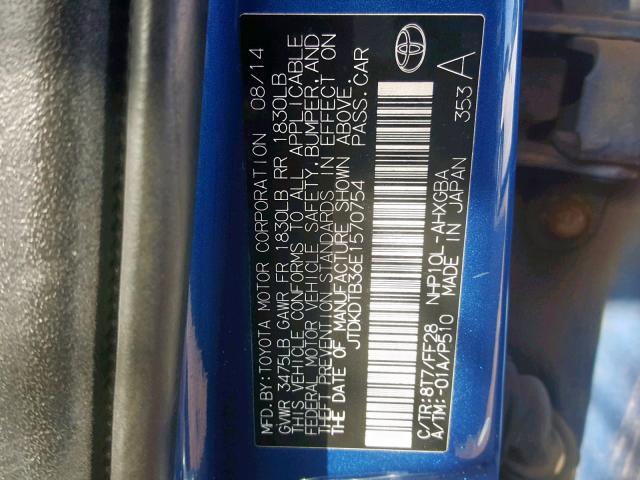 JTDKDTB36E1570754 - 2014 TOYOTA PRIUS C BLUE photo 10