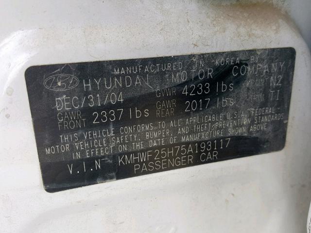 KMHWF25H75A193117 - 2005 HYUNDAI SONATA GL WHITE photo 10