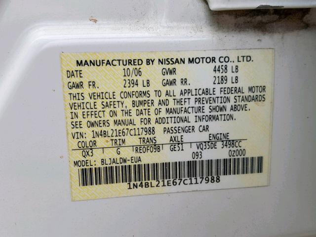 1N4BL21E67C117988 - 2007 NISSAN ALTIMA 3.5 WHITE photo 10