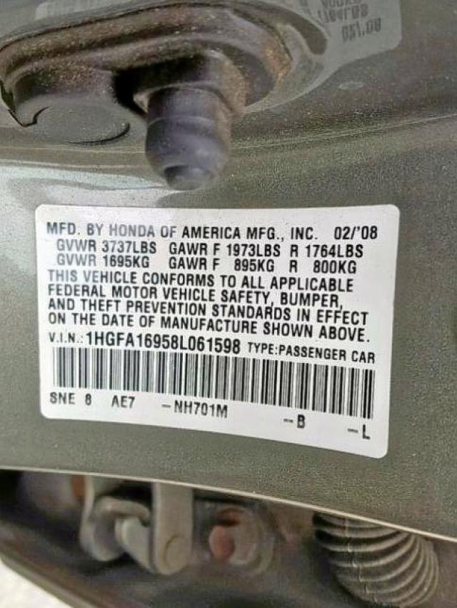 1HGFA16958L061598 - 2008 HONDA CIVIC EXL GRAY photo 10