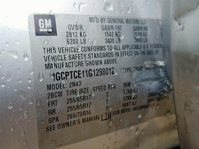 1GCPTCE11G1288012 - 2016 CHEVROLET COLORADO L SILVER photo 10