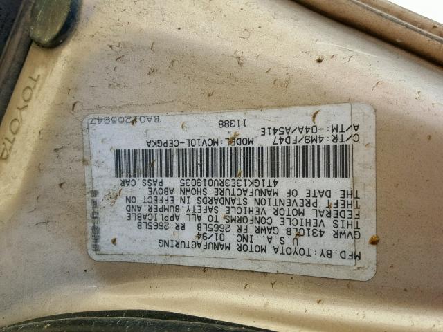 4T1GK13E3RU019035 - 1994 TOYOTA CAMRY XLE GOLD photo 10