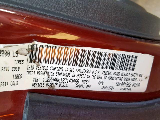 1J8HH48K18C143468 - 2008 JEEP COMMANDER BURGUNDY photo 10