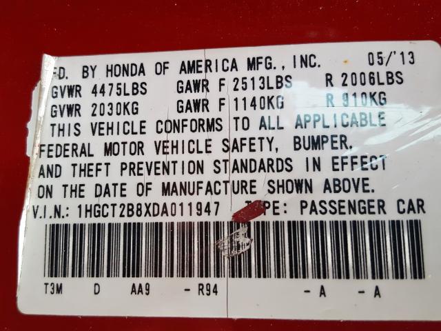 1HGCT2B8XDA011947 - 2013 HONDA ACCORD EXL  photo 10