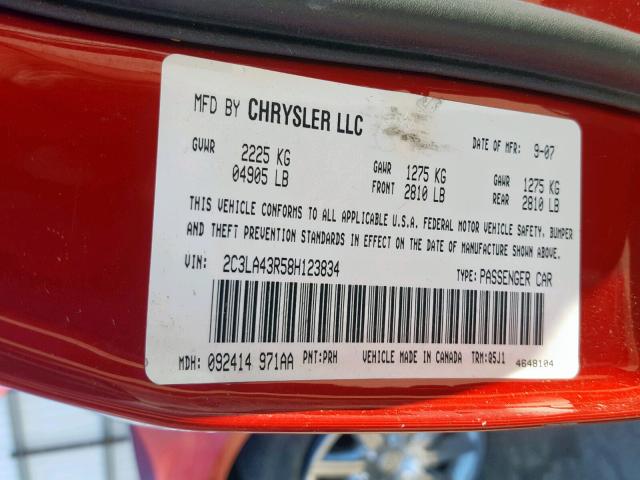 2C3LA43R58H123834 - 2008 CHRYSLER 300 LX RED photo 10