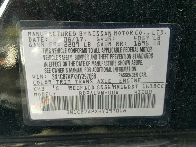 3N1CB7APXHY397068 - 2017 NISSAN SENTRA SR BLACK photo 10