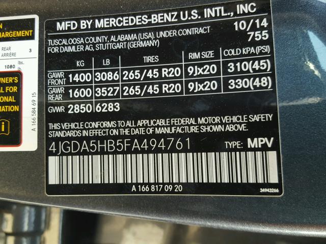 4JGDA5HB5FA494761 - 2015 MERCEDES-BENZ ML 350 4MA GRAY photo 10