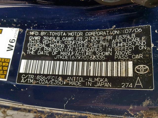 JTKDE167X70163335 - 2007 TOYOTA SCION TC BLUE photo 10