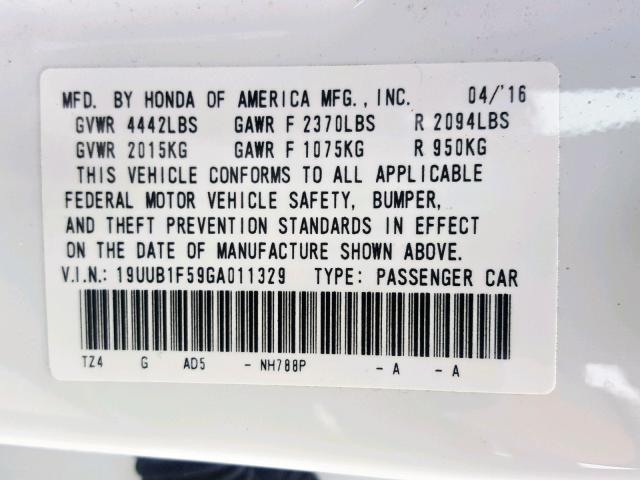 19UUB1F59GA011329 - 2016 ACURA TLX TECH WHITE photo 10